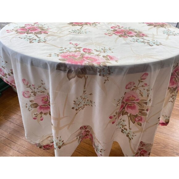 Vintage 60s curtain, pink, blue and tan flowers, leaves, single sheer panel - Picture 4 of 10